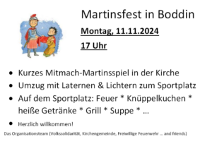 Martinstag am 11.11.2024 um 17 Uhr in Boddin mit anschließendem Martinsfeuer auf dem Sportplatz